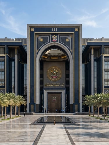 Symmetrical architectural view of the Central Bank of the UAE headquarters in Abu Dhabi, crisp daylight, stately institutional facade with deep navy and gold tones, professional architectural lens.