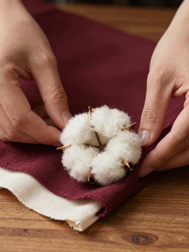 Hands gently feeling the texture of raw unbleached cotton fabric on a wooden table, warm natural side lighting