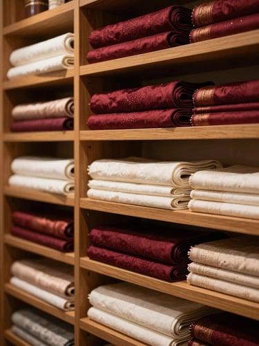 Elegant interior of a premium textile shop in Hyderabad, rolls of colorful silk and cotton fabrics stacked neatly on wooden shelves under warm lighting