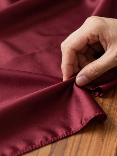 Macro shot of hands measuring a bolt of rich maroon silk fabric on a wooden counter, warm directional light, soft dust particles, elegant editorial style