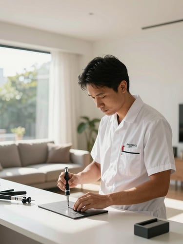 Uniformed technician with clean modern gear using precision tools in a pristine, sunlit Cidade Jardim living room, wide architectural framing, bright natural daylight.