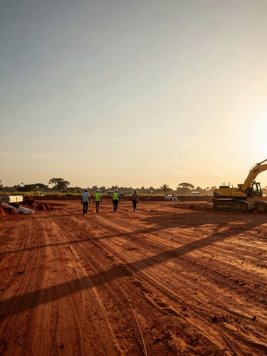 Wide panoramic golden-hour site assessment in Lagos, Nigeria — a surveyor team in the far distance walking across a large cleared development plot, long shadows stretching left, warm amber light raking across the red laterite soil, construction equipment silhouetted at the right edge, vast open sky above