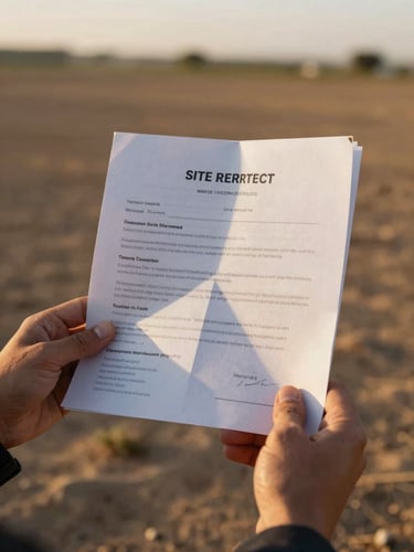 Close-up of two hands holding an open site permit document over a dusty field at late afternoon, natural golden-hour sidelight catching the paper edges, background terrain blurred and warm