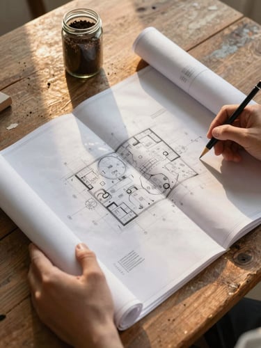 Close-up of two hands holding open a large site blueprint on a worn wooden table, golden afternoon light raking across the paper surface, pencil annotations visible in the margins, a soil sample jar resting at the edge of the frame