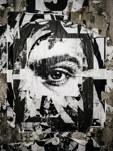Extreme close-up of a high-contrast street poster campaign plastered on a gritty concrete wall, hard direct flash, deep shadows, raw 35mm film texture.