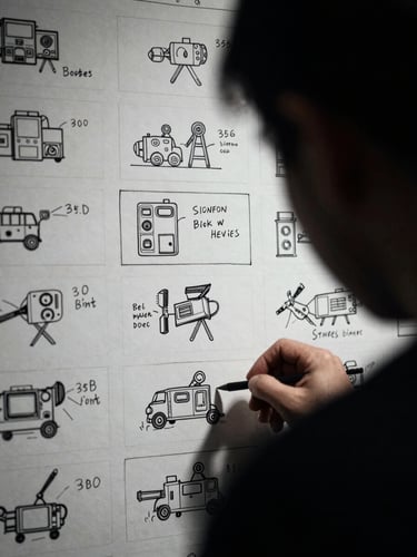 Behind-the-scenes campaign storyboard with handwritten marker notes, direct harsh studio lighting, high-contrast shadows, raw cinematic texture.