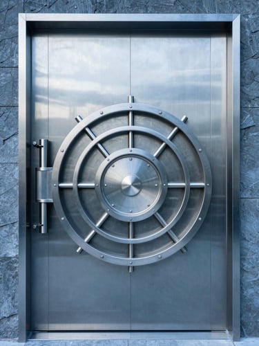 Sleek architectural photography of a modern steel and glass security vault facade, cool blue tones, sharp daylight, high contrast, minimalist composition, 35mm