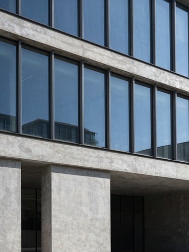 Sleek architectural photography of a modern concrete and glass security headquarters facade, sharp daylight, deep shadows, 35mm