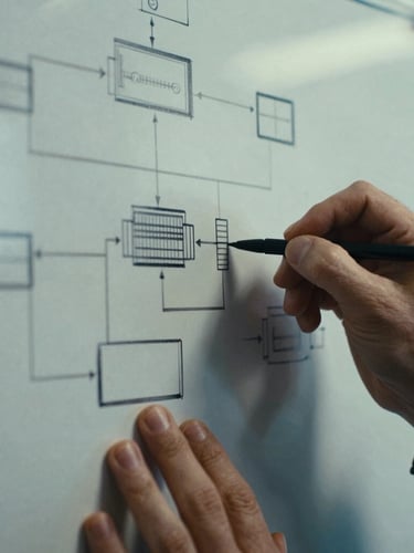 Extreme macro detail of hands sketching complex system architecture on a physical whiteboard, high-contrast natural light, 35mm film.