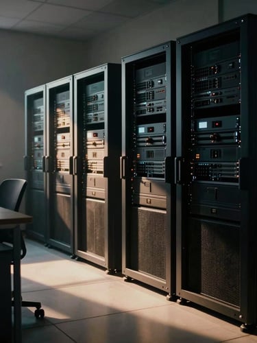 Cinematic wide shot of a modern, high-contrast workspace with warm light casting deep shadows over organized server racks, 35mm film style.