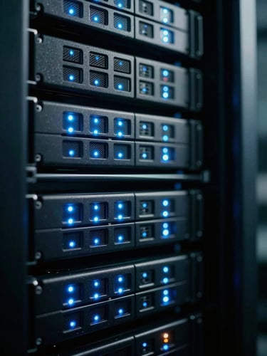 Extreme macro detail of a pristine, high-density server rack with cool blue LED indicator lights reflecting off dark steel, shallow depth of field, 35mm film style