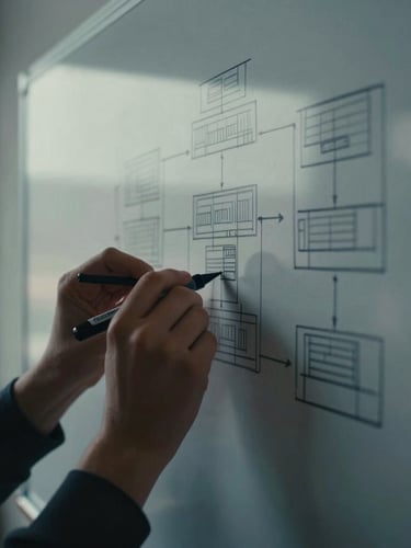 Close-up of hands sketching system architecture on a physical whiteboard, sharp charcoal marker lines, moody natural light from a side window, 35mm film
