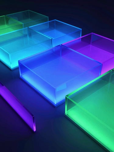 Wide-angle abstract digital landscape, 3D render of glowing layered glass sheets in electric blue, violet, and emerald, dark background, cinematic lighting, octane render style