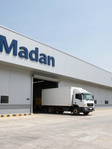 Wide shot of Madan Enterprises warehouse exterior in Udaipur, modern architecture, bright daylight, clear sky, with a truck parked for loading.