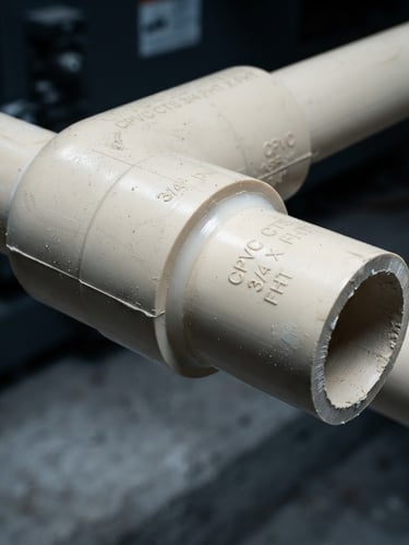 Macro close-up of a perfectly joined CPVC pipe fitting, showing precise engineering and industrial-grade wall thickness, under crisp studio lighting with high-contrast cool tones.