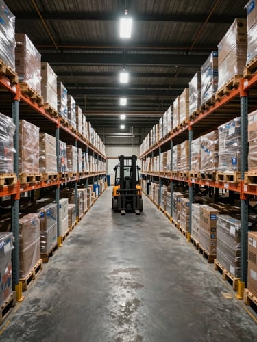 Wide shot of a busy UK logistics warehouse interior at night, industrial overhead lighting illuminating rows of palletized freight on racking systems, forklift tracks visible on concrete floor, deep perspective drawing the eye into the facility