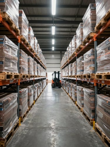 Wide panoramic view inside a large logistics warehouse, rows of palletized cargo stacked on industrial racking under bright overhead fluorescent lighting, a forklift visible in the far aisle, even overcast-quality light, no people posing