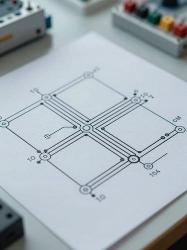 A sharp, cool-toned macro photograph of a high-voltage circuit schematic laid out on a technical workstation under clean daylight.