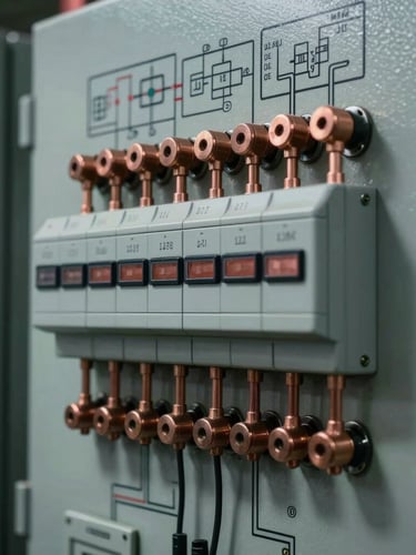 Macro close-up of a heavy-industrial electrical control panel with complex wiring schematics and copper terminals under cool technical light