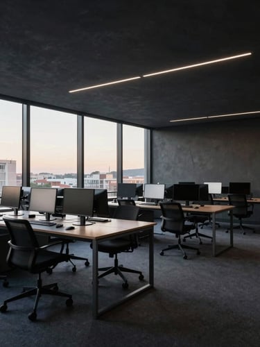 Wide environmental shot of a minimalist Madrid newsroom at dawn, natural unpolished daylight, deep slate architectural elements, empty desks with active monitors.