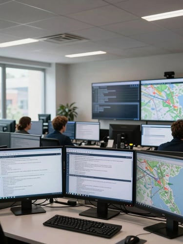 Wide environmental shot of a modern, quiet digital newsroom in Madrid, rows of flat screens displaying raw text feeds and geographic maps, natural unpolished office lighting, realistic daylight through window.