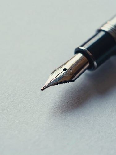 Macro close-up of a fountain pen tip resting on thick textured paper, sharp black ink lines, soft diffused daylight, minimalist Swiss aesthetic, 35mm film grain.