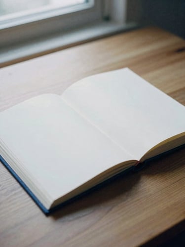 An open, cloth-bound personal archive book on a heavy oak table, soft overcast daylight from a window, muted paper tones, deep blue shadows, 35mm film grain.