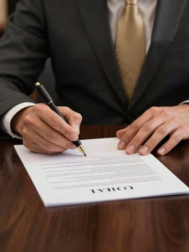Close-up of elegant hands signing a legal document on a dark wooden desk, warm side lighting, high-end corporate office atmosphere.