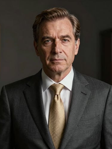 Medium close-up portrait of a distinguished lawyer in a dark graphite tailored suit, low-key dramatic studio lighting, soft dark office background, warm champagne gold highlights.