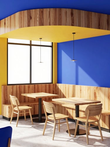 Crisp front-on editorial photo of a modern, stylish Malaysian cafe interior, warm timber accents, clean geometric design, bright natural daylight streaming through large windows, high-contrast