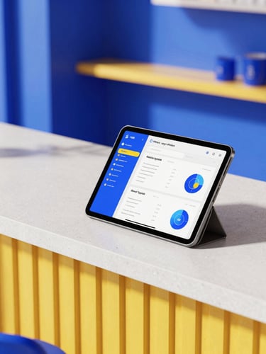 A vibrant modern Kuala Lumpur cafe interior, high-end editorial framing, active digital tablet on the counter displaying a clean business dashboard, warm natural light with saturated color accents.