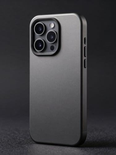 Crisp studio product photography of a dark charcoal aluminum smartphone case, dramatic directional lighting, desaturated background, showing high-contrast metal textures and precise cutouts.