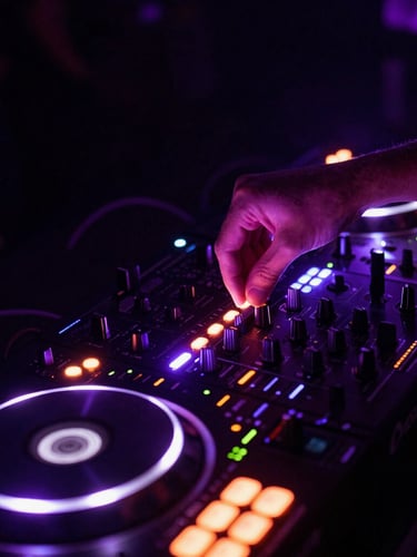 Close-up of glowing DJ decks with neon violet LED lights, a hand adjusting a dial, high-contrast flash photography, dark club environment, dynamic angle