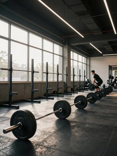 Wide environmental shot inside a modern gym, morning light cutting through high windows across a row of barbells and weight racks, a single athlete mid-lift in the background right, concrete floors and exposed ceiling beams visible, the full floor plan readable from a standing visitor's perspective
