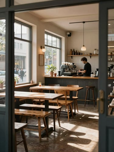 Wide interior of an artisanal cafe shot from the entry threshold — warm morning daylight streaming through tall windows onto worn wooden tables and an espresso bar, a barista mid-motion in the background, natural grain and texture visible on every surface, no staging, no overhead flash