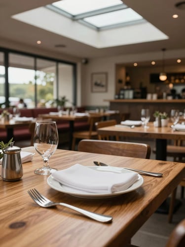 Portrait-oriented interior of a restaurant's main dining zone, natural daylight from skylights above illuminating wooden tables, a close detail of a place setting in the foreground, full depth of the room visible behind