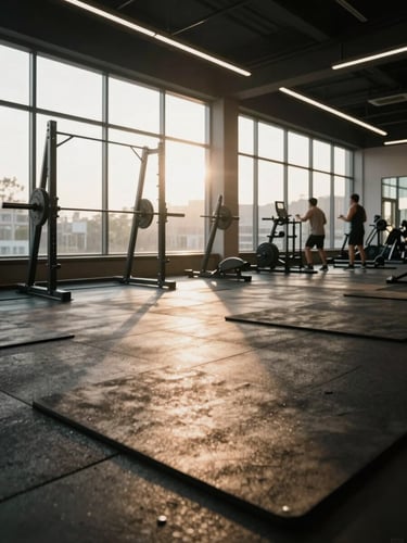 Close-up wide shot of a gym floor at early morning, natural light flooding through floor-to-ceiling windows onto weight racks and rubber mats, a few members mid-workout in the background, architectural ceiling beams visible above