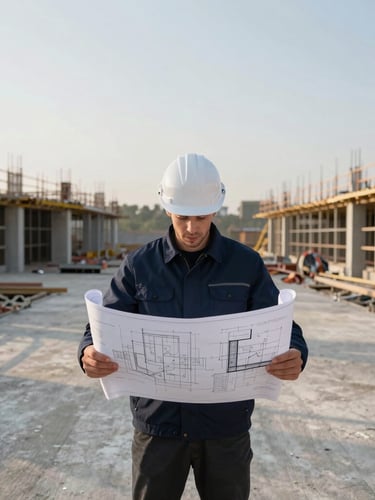 Symmetrical medium shot of an engineer in a dark blue jacket holding technical blueprints on a clean, modern concrete construction site, soft diffused daylight
