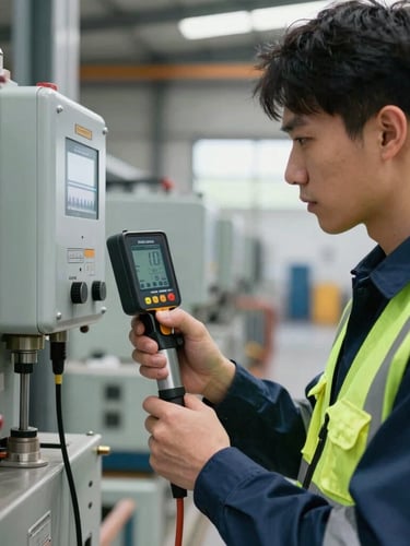 Close-up of a certified engineer in high-visibility safety gear checking industrial equipment with a digital measurement tool, sharp focus, natural warehouse daylight, cool steel tones