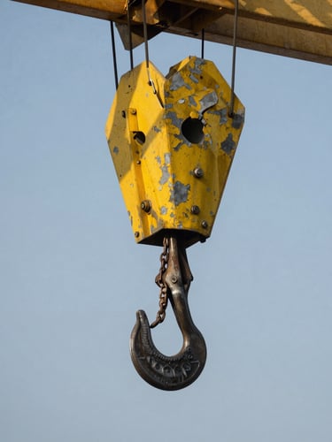 Close-up of an industrial crane hook holding a heavy steel load, yellow paint chipped, industrial chains, crisp focus, cool steel tones.