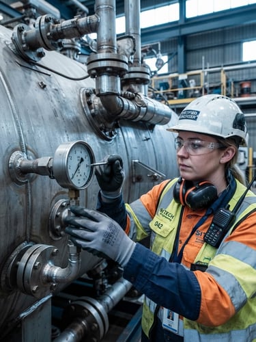 Close-up of a certified engineer in high-visibility safety gear inspecting a massive steel pressure vessel, measuring pressure gauge, cool industrial lighting, sharp focus