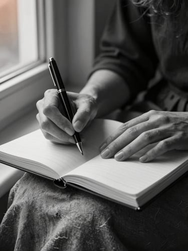 Extreme close-up, portrait orientation — a woman's hands resting on an open notebook, one hand holding a pen lightly, the other flat on the pale page. North-facing window light falls from the left, casting a soft shadow across worn linen fabric beneath the notebook. Ink just visible on the page. Black and white with a single warm ochre cast from late afternoon light through a sheer curtain.