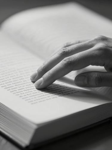 Extreme close-up, tungsten indoor light, a woman's hand resting on an open book page, ink visible on the paper, fingertips slightly curved, black-and-white, warm shadows