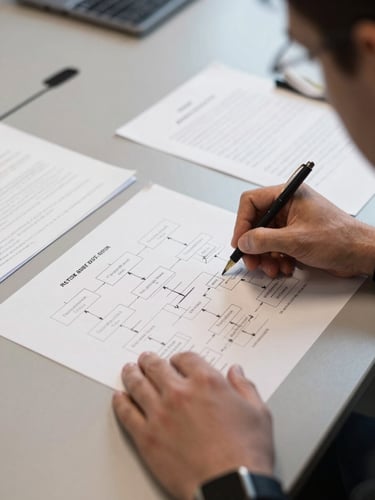 Overhead shot of a work session in progress — hands over a printed process-flow diagram and handwritten notes on a conference table, professional studio lighting from above, close framing that fills the frame with documents and working hands, no faces visible