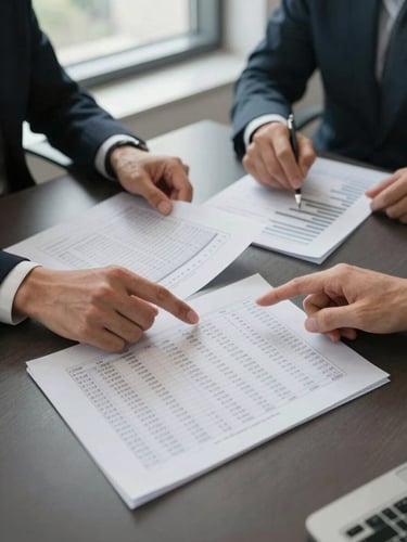 Medium shot from above of a conference table, two people reviewing a printed financial report, hands pointing at rows of figures, natural office daylight from a side window, charcoal and white documents, no faces visible