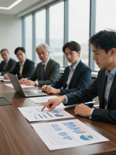 Medium shot from the side of a small group around a conference table, one person pointing to printed financial reports spread across the table, natural daylight from tall windows, professional but unpolished atmosphere, no smiling poses