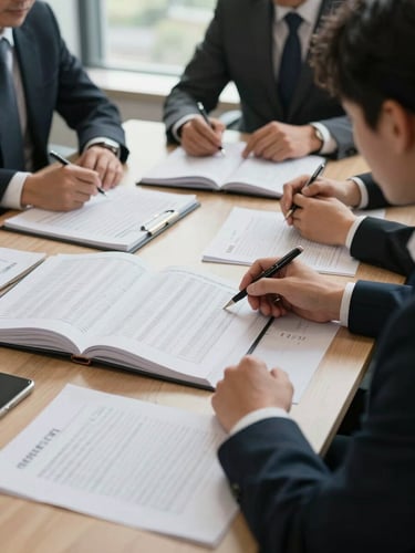 Medium shot of a small team around a conference table, open financial ledgers and printed balance sheets in front of them, one person pointing at a column of figures with a pen, natural daylight from a side window, professional but unfussy atmosphere, no screens visible