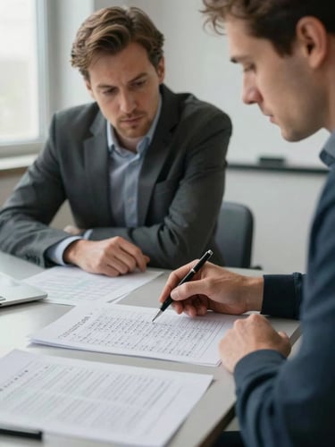 Medium shot of two professionals at a conference table reviewing a printed spreadsheet with handwritten annotations, one pointing to a row of figures with a pen, natural window light from the side, papers spread across the table, serious and focused — no posed expressions