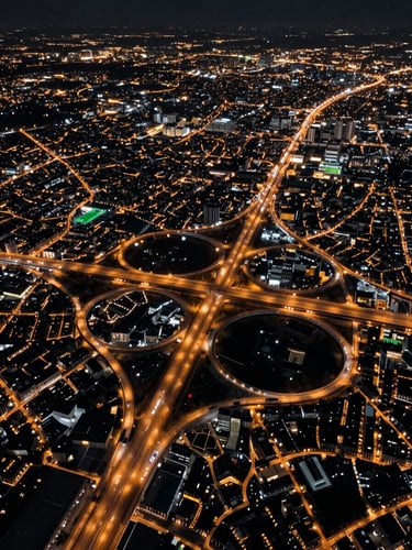 Close aerial-style map view of the West Midlands road network at night, major motorway junctions lit in amber and white, city clusters glowing against deep black terrain, technical and precise in feel