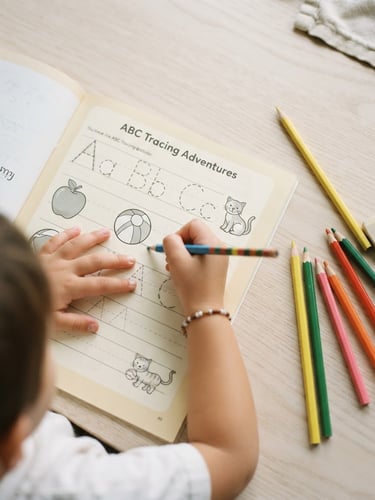 Overhead flatlay of a child's hands tracing letters in a TikoLoom workbook on a light wood table, colorful wooden pencils, soft bright daylight, 35mm
